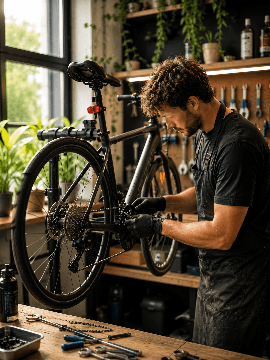 Réparation de vélo dans un atelier