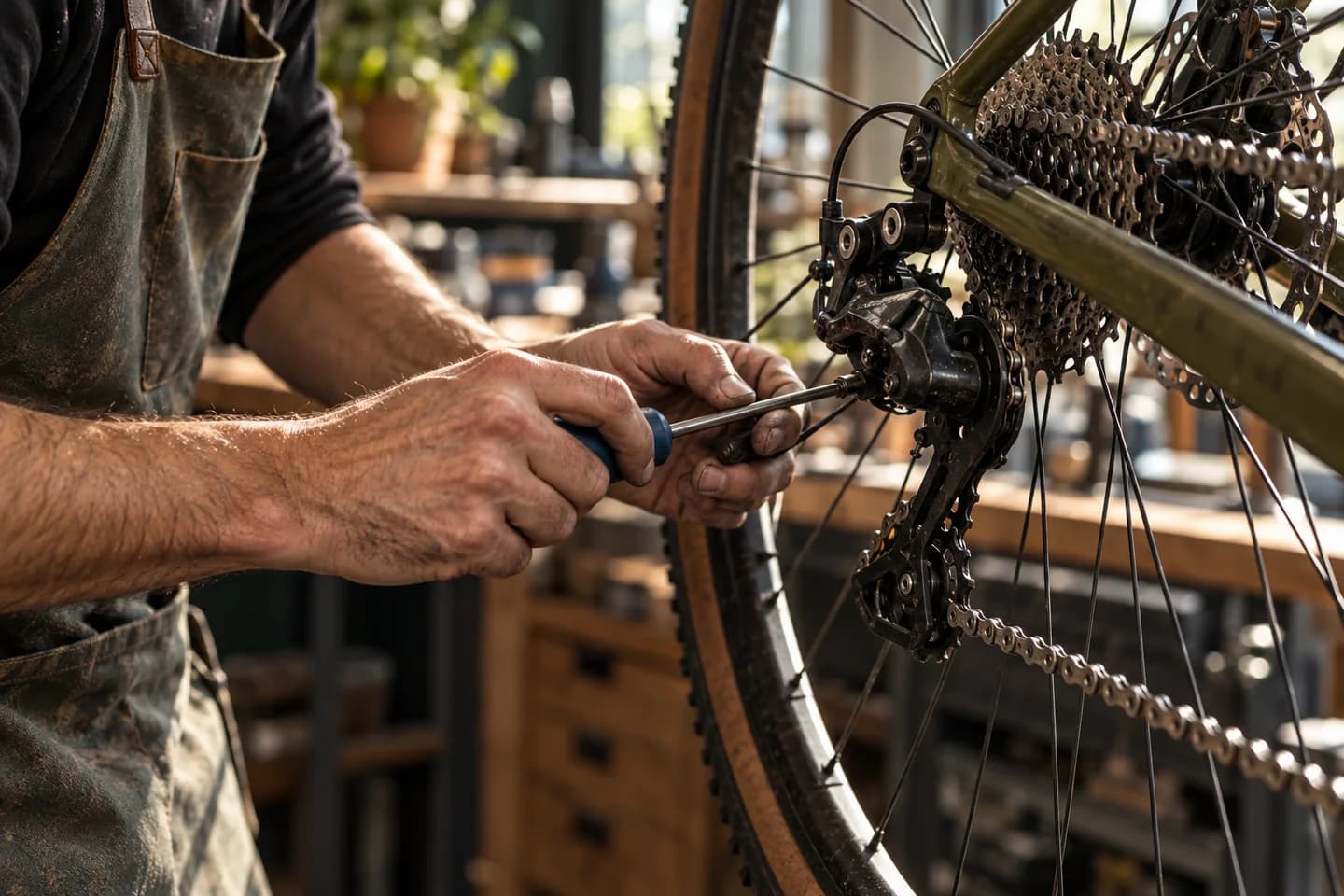 Des mains ajustent le mécanisme d’une roue de vélo avec un outil.