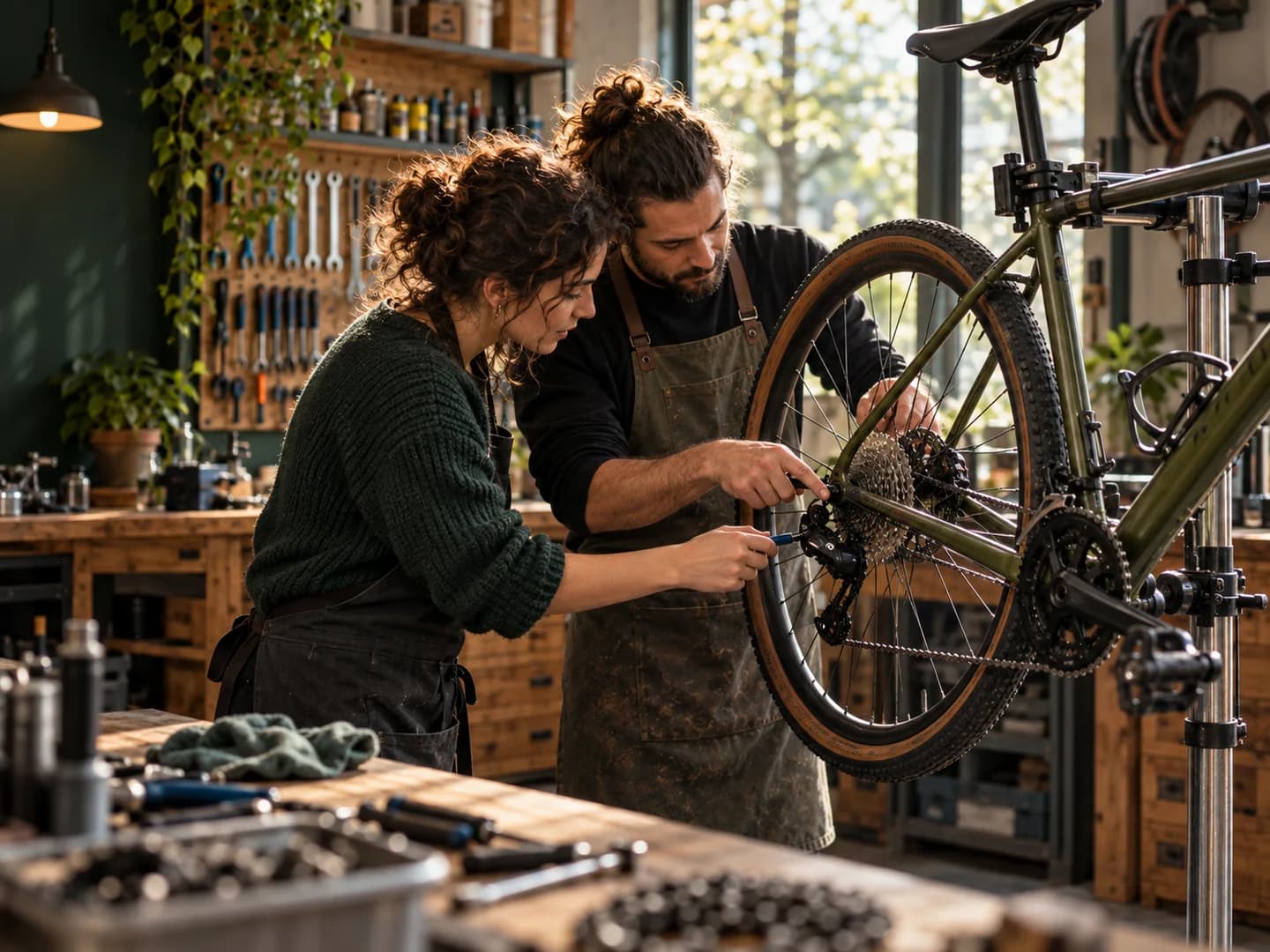 Deux personnes travaillent ensemble sur le mécanisme d’un vélo dans un atelier.